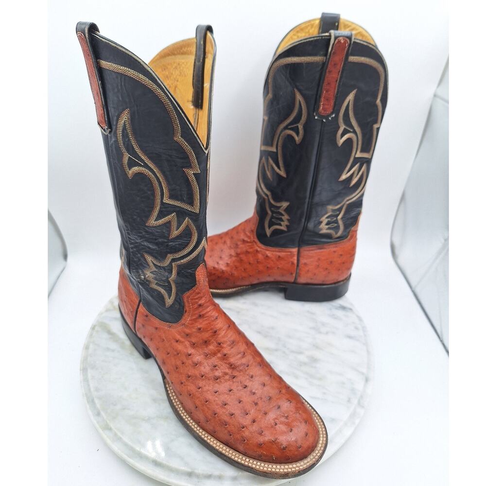 VINTAGE 1999 Anderson Bean Full Quill Ostrich Cowboy Boots Mens 12 B Almond USA